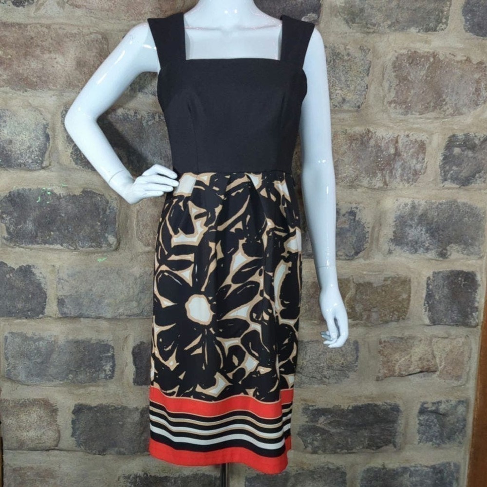 London Times Sleeveless Dress Black Red Floral Striped Woman's Size 4 Summer